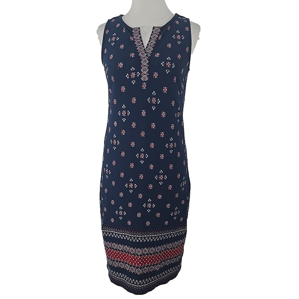 Talbots Small Petites SP Sleeveless MIDI Dress Navy Blue Geometric V-neck